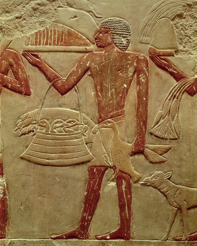 Rilievo che raffigura un portatore con un cesto di nidiacei, dalla Tomba della Principessa Idut, Antico Regno, c.2330 a.C. (calcare dipinto) da Egyptian 6th Dynasty